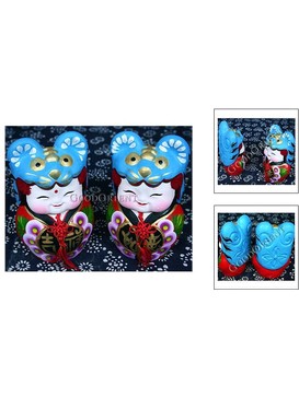 Chinese Double Clay Figurine Dolls Set---Blue Tiger Hat